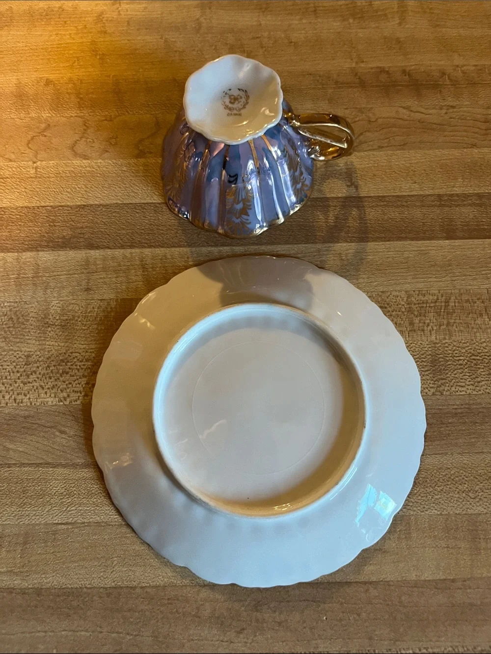 Vintage Japanese Lusterware Porcelain Teacup and Saucer Set with Gold Gilt Trim